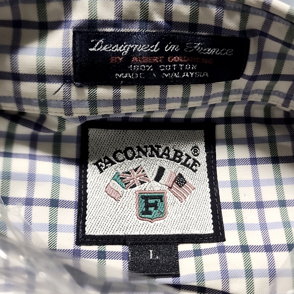 Faconnable Men's long-sleeved button-down shirt. Green and Blue Plaid L